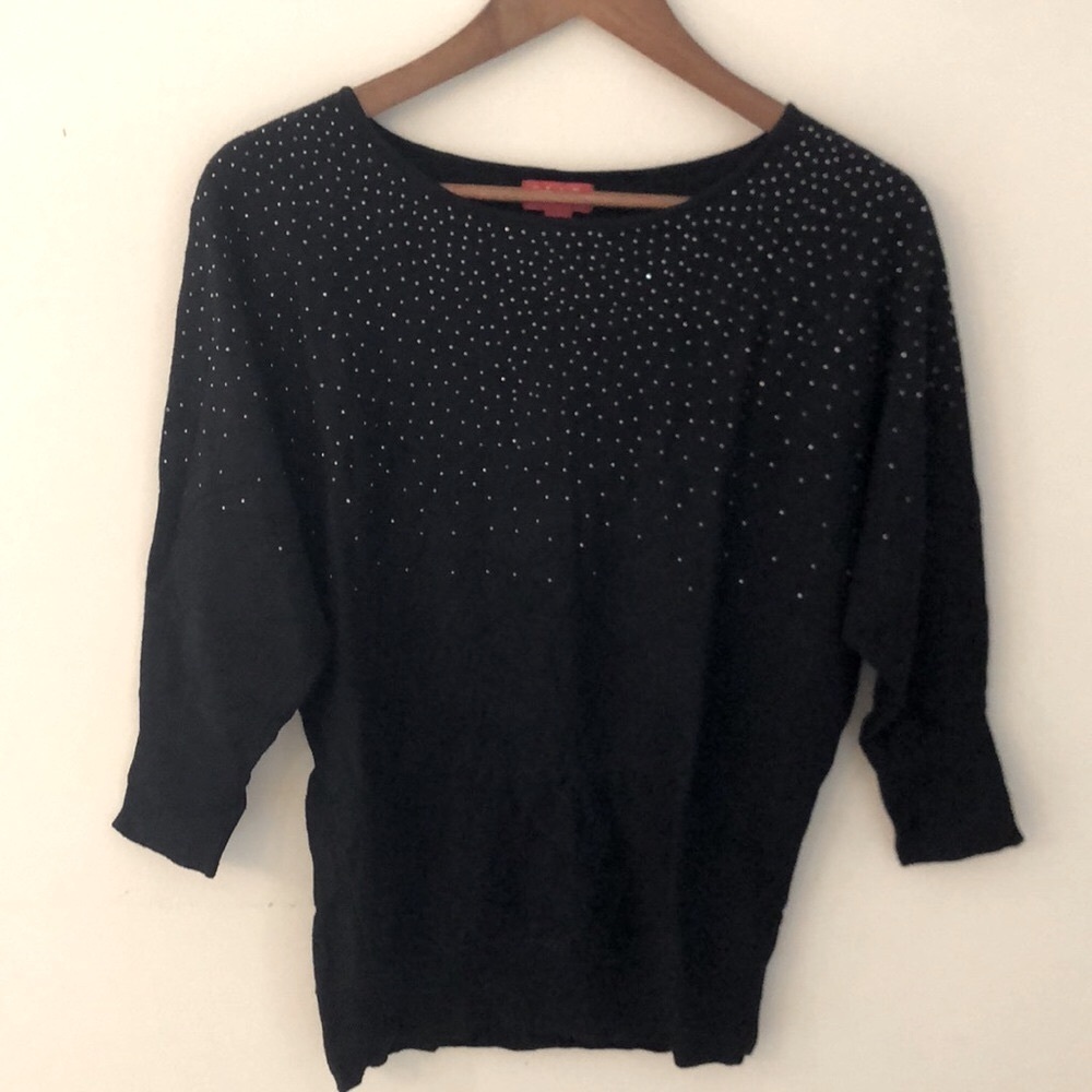 Elle Black rhinestone embellished sweater scoop neck cropped sleeves SZ small
